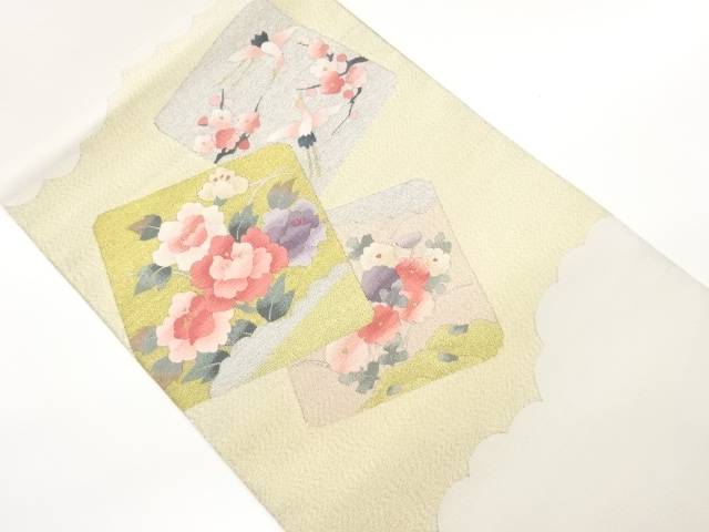 綴れ色紙に牡丹・花々・鶴模様織出し名古屋帯【中古】【着】【名古屋帯】
