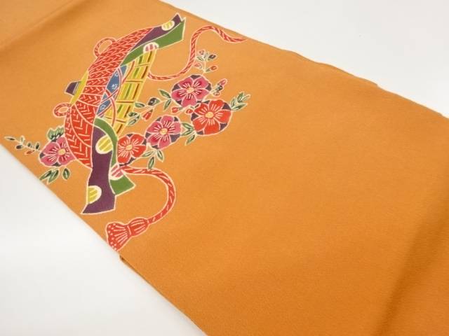 縮緬地型染隠れ笠に八重桜模様名古屋帯【中古】【着】【名古屋帯】