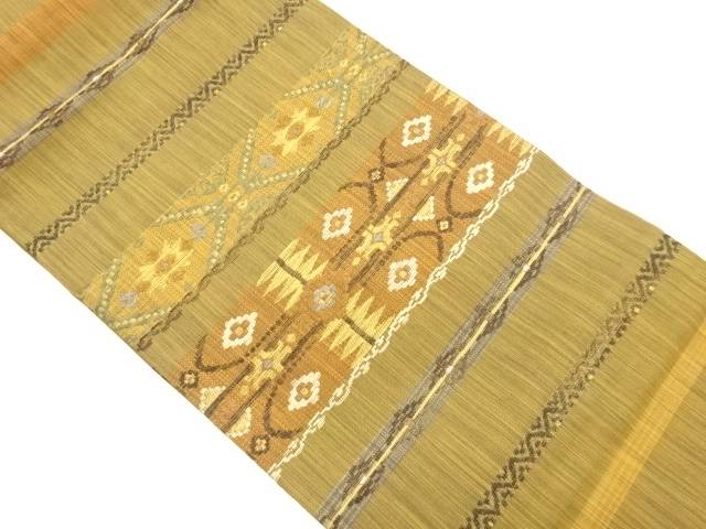 横段に幾何学・花々模様織出し名古屋帯【中古】【着】【名古屋帯】