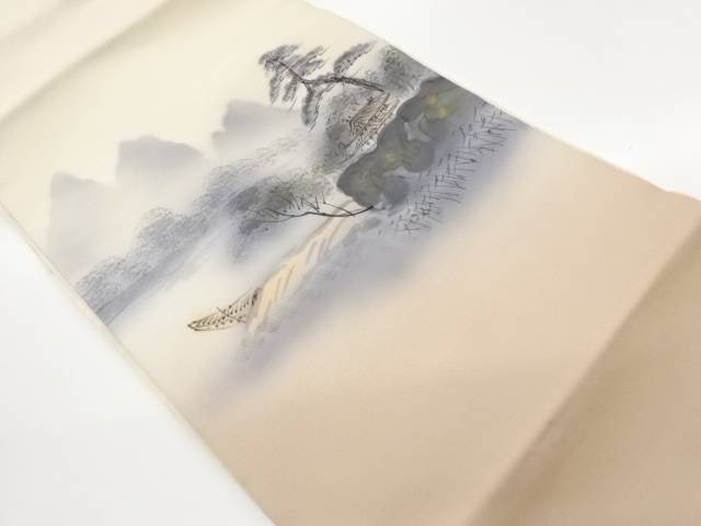 塩瀬手描き金彩屋敷に船・木々模様名古屋帯【中古】【着】【名古屋帯】