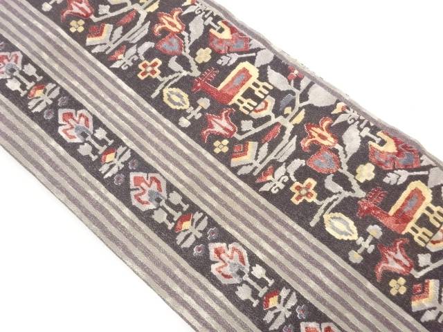 縮緬地縞に草花・鹿模様名古屋帯【中古】【着】【名古屋帯】