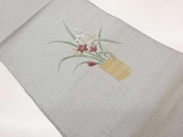 手織り紬桔梗模様織出し名古屋帯【中古】【着】【名古屋帯】