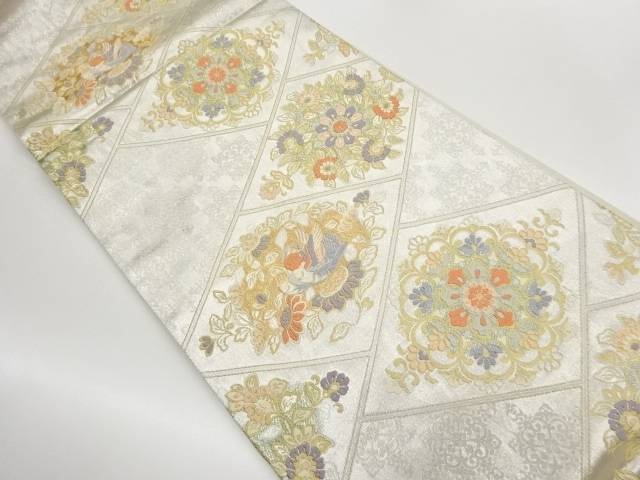 菱に華文・花鳥模様織出し袋帯【中古】【着】【袋帯】