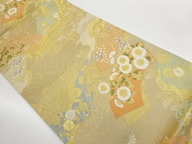服部織物製　道長取に地紙・草花模様織出し袋帯【中古】【着】【袋帯】