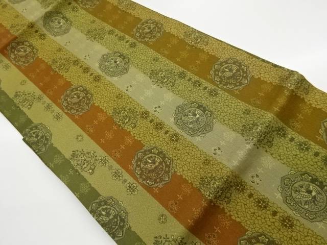 縞に華文・花鳥模様織出し名古屋帯【中古】【着】【名古屋帯】｜Kimono-Shinei　２号店 13,937円