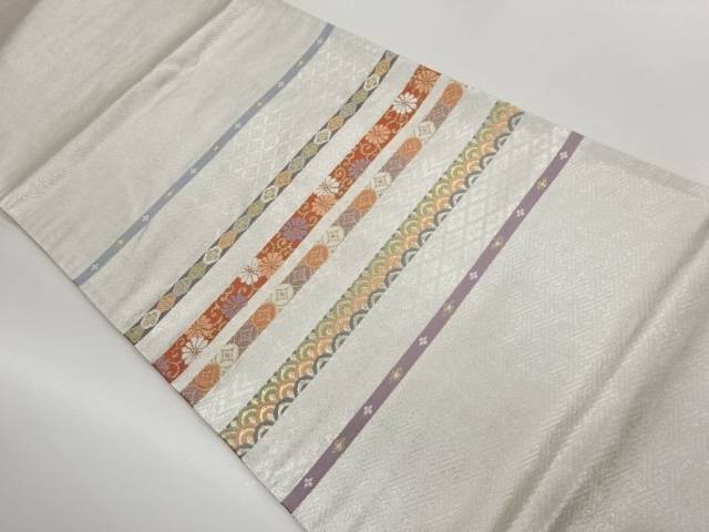 変わり横段に菊唐草・古典柄模様織出し袋帯【中古】【着】【袋帯】
