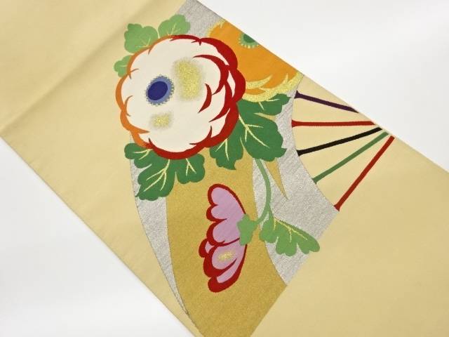 綴れ扇に花々模様織出し袋帯【中古】【着】【袋帯】