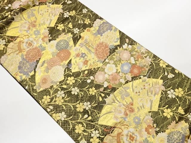 地紙に御所車・小鼓・花々模様織出し袋帯【中古】【着】【袋帯】|Kimono-Shinei 2号店