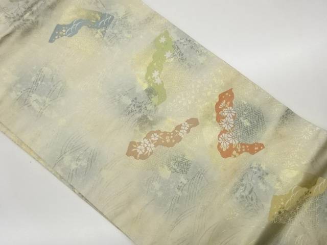 引箔色紙に道長取り・花々模様織出し名古屋帯【中古】【着】【名古屋帯】