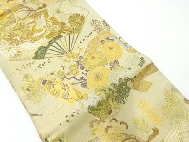 扇面に花鳥模様織出し丸帯（材料）【アンティーク】【中古】【着】【丸帯】