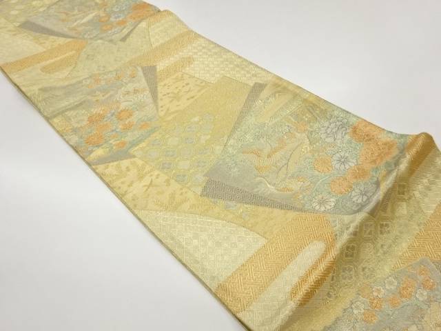 佐賀錦色紙に鶴・草花・古典柄模様織出し袋帯【中古】【着】【袋帯】