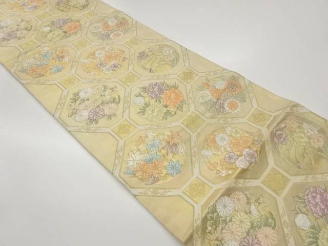 蜀江文に花々・紅葉模様織出し袋帯【中古】【着】【袋帯】