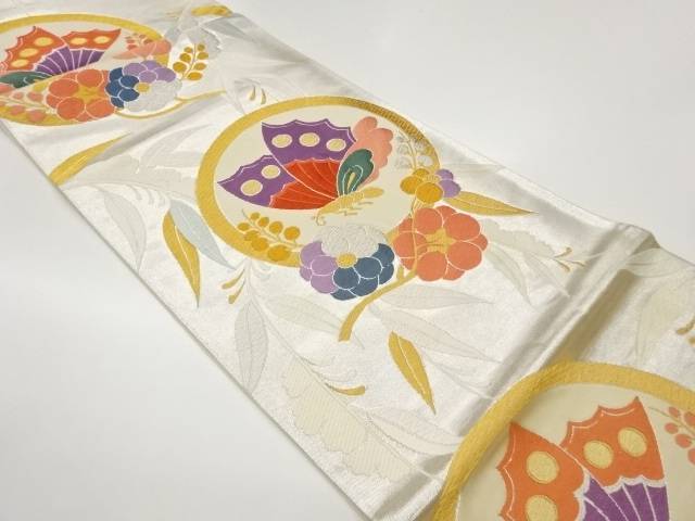 加島織物製　雪持柳胡蝶文織出し袋帯【中古】【着】【袋帯】
