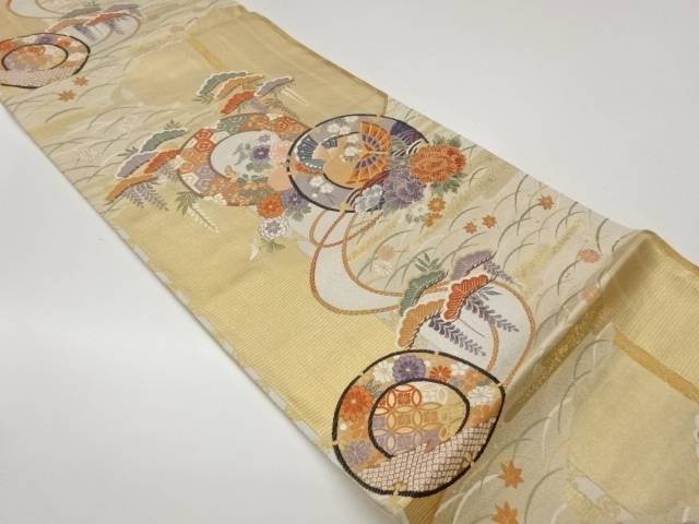 丸文に蝶・草花・古典柄模様織出し袋帯【中古】【着】【袋帯】｜Kimono-Shinei　２号店