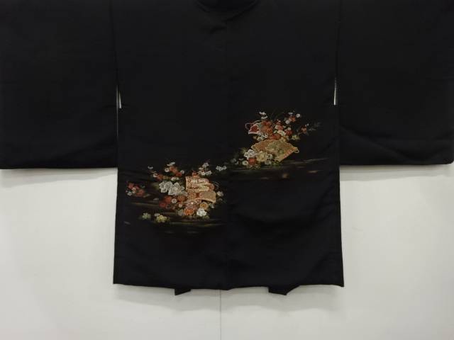 漆　桧扇に花模様織り出し　絵羽織【中古】【着】【コート・道中着】