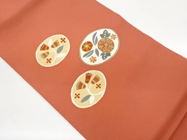 塩瀬金彩丸文に花葉模様刺繍名古屋帯【中古】【着】【名古屋帯】