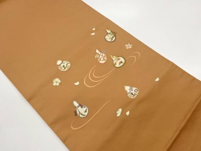 流水に瓢箪・桜模様刺繍名古屋帯【中古】【着】【名古屋帯】