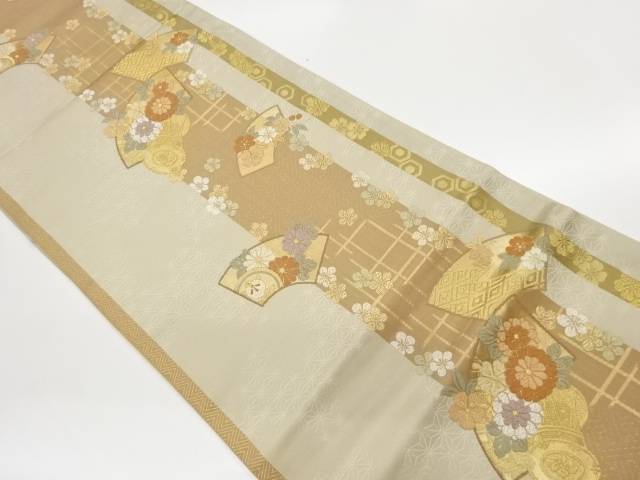 地紙に鼓・花々模様織出し袋帯【中古】【着】【袋帯】