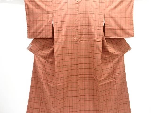 未使用品　格子織り出し手織り紬着物【着】【紬・お召し】