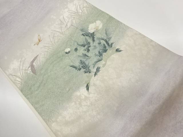 引箔草花・蝶模様織出し袋帯【中古】【着】【袋帯】