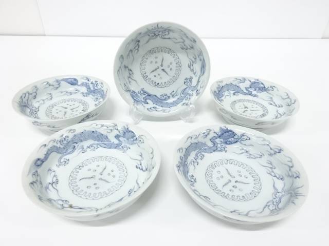 古伊万里　染付　線描き龍紋　なます皿　5客【中古】【道】