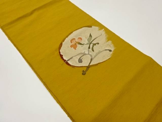 手織り紬丸に抽象枝葉・花模様織出し名古屋帯【中古】【着】【名古屋帯】