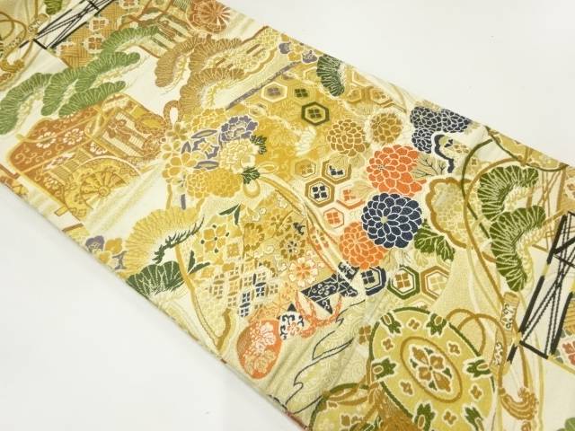 花薬玉模様織出し丸帯（材料）【アンティーク】【中古】【着】【丸帯】