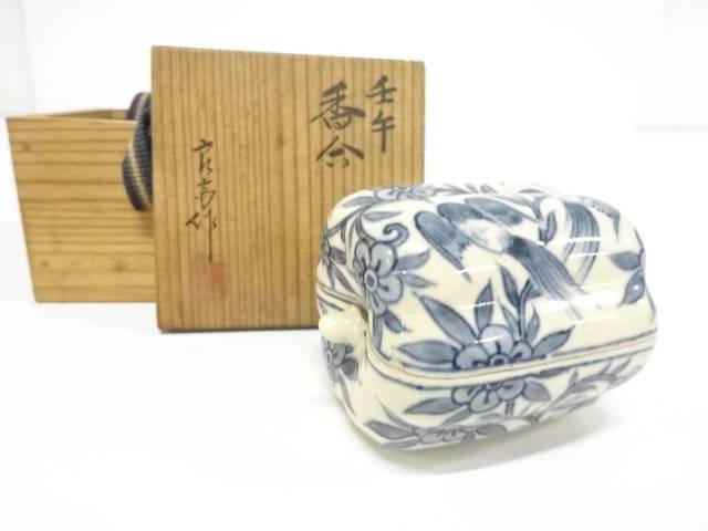 花・鳥　染付　香合【中古】【道】