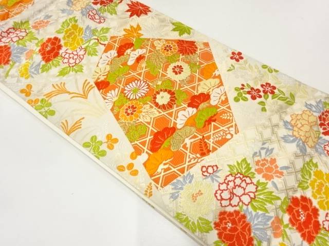 唐織菊・牡丹模様織出し袋帯【中古】【着】【袋帯】