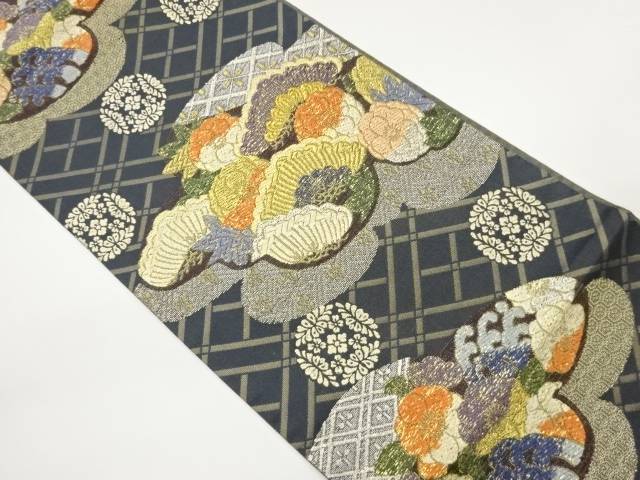 紙布雲に松・花丸文・花々模様織出し袋帯【中古】【着】【袋帯】