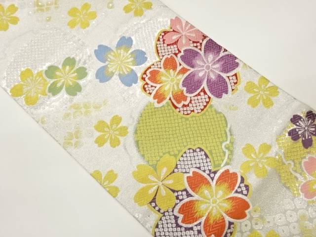 桜に鹿の子・雪輪模様織出し袋帯【中古】【着】【袋帯】
