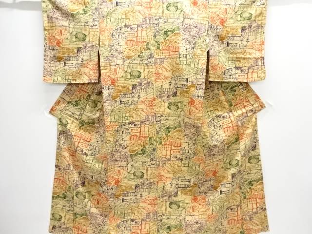 型染時代人物・風景模様上代紬着物【大正ロマン】【中古】【着】【大正ロマン】｜Kimono-Shinei　２号店