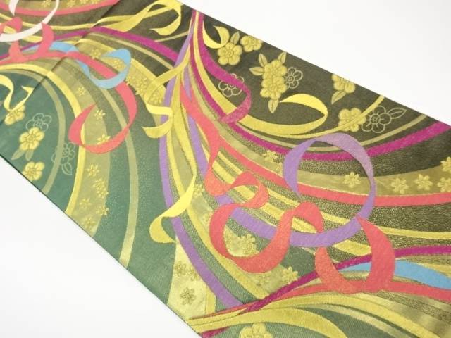 曲線に花々模様織出し袋帯【中古】【着】【袋帯】