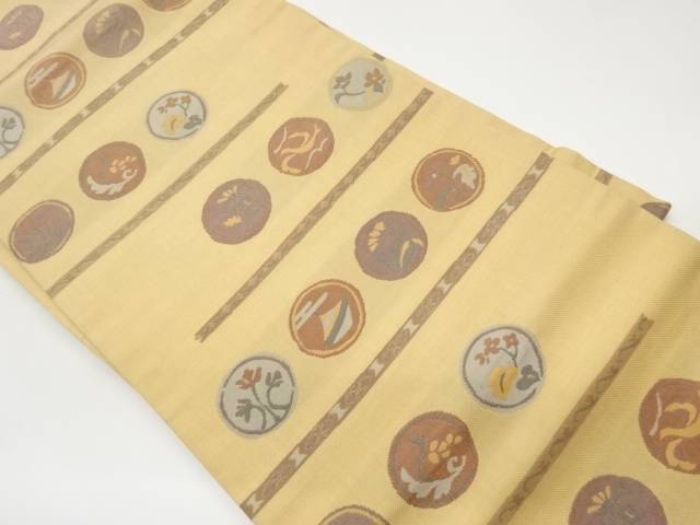 横段に丸文・草花・独楽模様織出し名古屋帯【中古】【着】【名古屋帯】