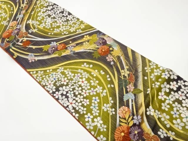 曲線に紅葉・花葉模様織出し袋帯【中古】【着】【袋帯】