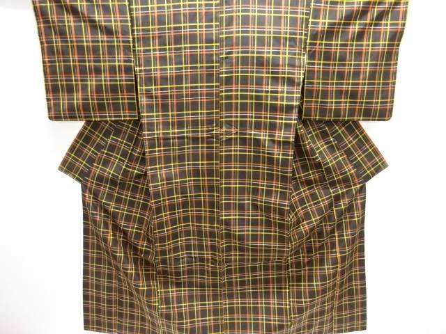 格子織り出し米沢紬着物【中古】【着】【紬・お召し】