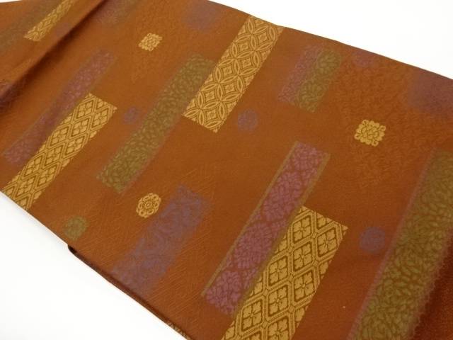 短冊に花葉・抽象模様織出し名古屋帯【中古】【着】【名古屋帯】