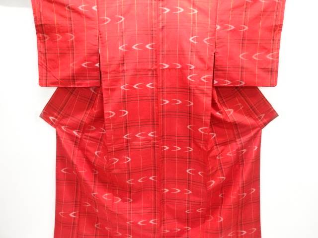 格子に絣柄織り出し米沢紬着物アンサンブル【中古】【着】【紬・お召し】