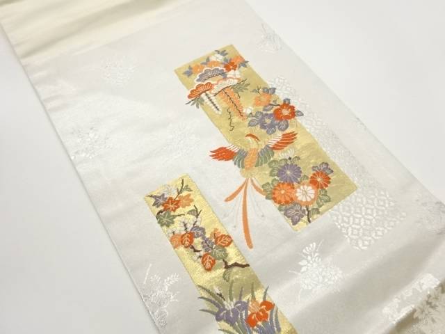 本金短冊に尾長鳥・松・花々模様織出し名古屋帯【中古】【着】【名古屋帯】｜Kimono-Shinei　２号店