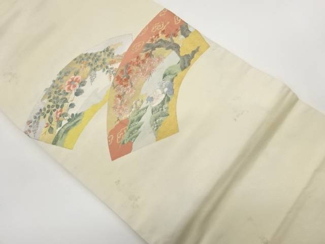 地紙に紅葉・花鳥模様織出し名古屋帯【中古】【着】【名古屋帯】