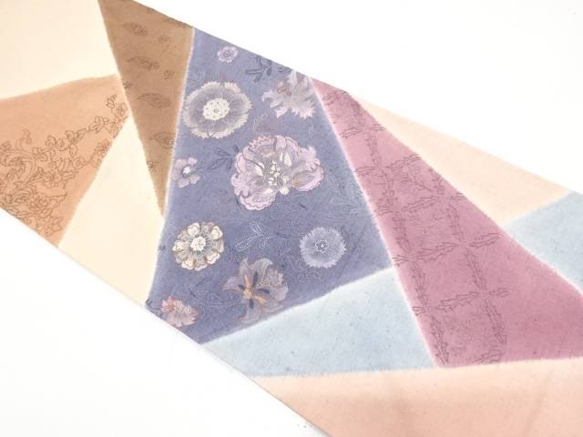 手織り真綿紬　相良刺繍　絞り　切りばめ風　花更紗模様　袋帯【中古】【着】【袋帯】