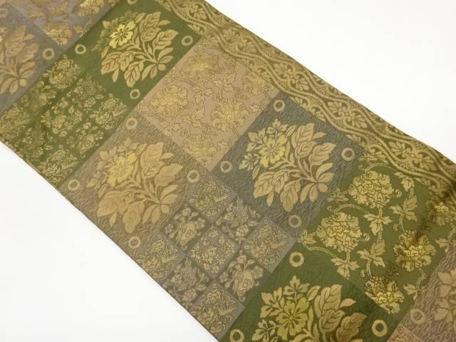 格子に花唐草・草花模様織出し名古屋帯【中古】【着】【名古屋帯】