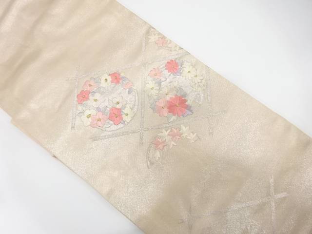 斜め格子に花丸模様　刺繍　名古屋帯【中古】【着】【名古屋帯】