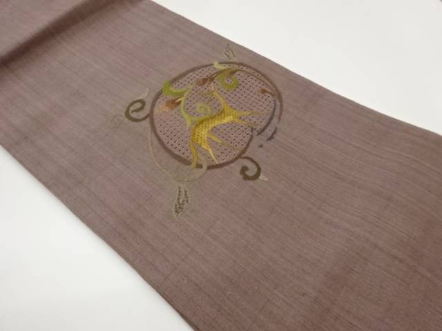 手織り紬汕頭刺繍丸文に動物・唐草花模様名古屋帯【中古】【着】【名古屋帯】｜Kimono-Shinei　２号店