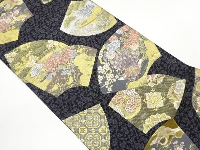 地紙に花鳥・花菱・荒波模様織出し袋帯【中古】【着】【袋帯】