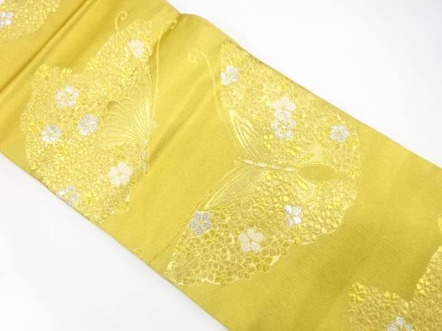 蝶に小花模様織り出し　袋帯【中古】【着】【袋帯】