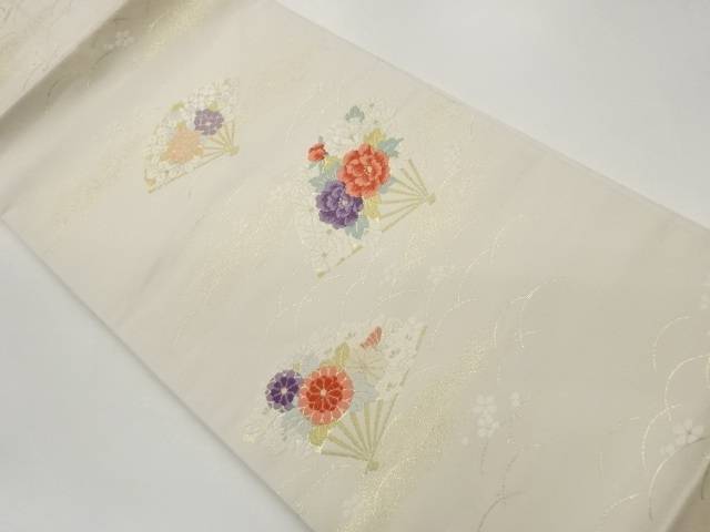 扇に牡丹・菊・紫陽花模様織出し名古屋帯【中古】【着】【名古屋帯】
