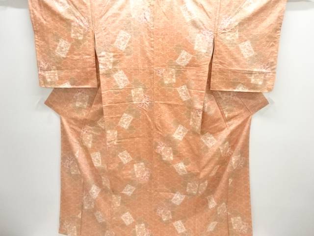 松皮菱に花唐草模様織出し手織り紬着物【中古】【着】【紬・お召し】