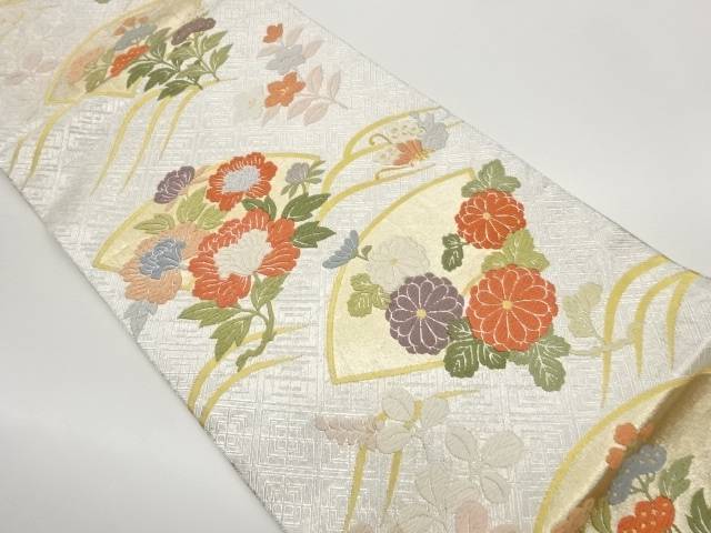 唐織地紙に草花・蝶模様織出し袋帯【中古】【着】【袋帯】