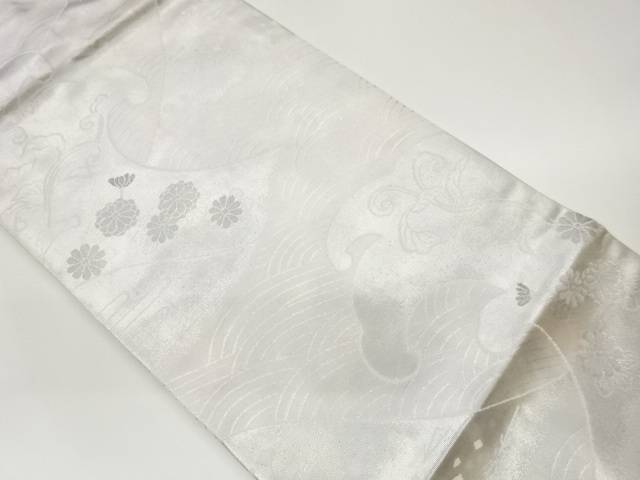 荒波に菊・唐草模様織出し名古屋帯【中古】【着】【名古屋帯】